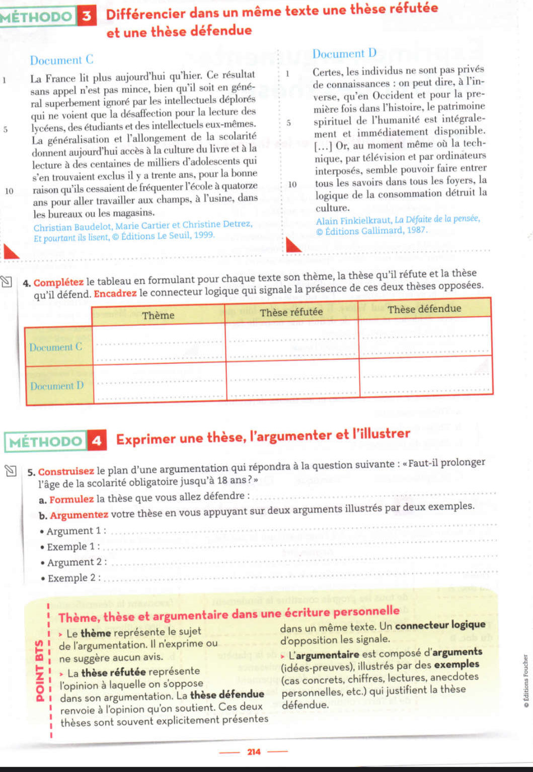 Méthodo  3   Différencier dans un même texte une thèse réfutée
et une thèse défendue
Document C Document D
1 La France lit plus aujourd'hui qu'hier. Ce résultat 1 Certes, les individus ne sont pas privés
sans appel n'est pas mince, bien qu'il soit en géné- de connaissances : on peut dire, à l'in-
ral superbement ignoré par les intellectuels déplorés verse, qu'en Occident et pour la pre-
qui ne voient que la désaffection pour la lecture des mière fois dans l’histoire, le patrimoine
5 lycéens, des étudiants et des intellectuels eux-mêmes. 5 spirituel de l'humanité est intégrale-
La généralisation et l'allongement de la scolarité ment et immédiatement disponible.
donnent aujourd'hui accès à la culture du livre et à la […] Or, au moment même où la tech-
lecture à des centaines de milliers d'adolescents qui nique, par télévision et par ordinateurs
s’en trouvaient exclus il y a trente ans, pour la bonne interposés, semble pouvoir faire entrer
10 raison qu'ils cessaient de fréquenter l'école à quatorze 10 tous les savoirs dans tous les foyers, la
ans pour aller travailler aux champs, à l'usine, dans logique de la consommation détruit la
les bureaux ou les magasins.
culture.
Christian Baudelot, Marie Cartier et Christine Detrez,  Alain Finkielkraut, La Défaite de la pensée,
Et pourtant ils lisent, © Éditions Le Seuil, 1999. © Éditions Gallimard, 1987.
4. Complétez le tableau en formulant pour chaque texte son thème, la thèse qu'il réfute et la thèse
Encadrez le connecteur logique qui signale la présence de ces deux thèses opposées.
MÉTHODO 4 Exprimer une thèse, l'argumenter et l'illustrer
5. Construisez le plan d’une argumentation qui répondra à la question suivante : «Faut-il prolonger
l'âge de la scolarité obligatoire jusqu'à 18 ans? »
a. Formulez la thèse que vous allez défendre :
_
_
b. Argumentez votre thèse en vous appuyant sur deux arguments illustrés par deux exemples.
_
Argument 1 :
_
Exemple 1 :
_
Argument 2 :
Exemple 2 :
Thème, thèse et argumentaire dans une écriture personnelle
* Le thème représente le sujet dans un même texte. Un connecteur logique
de l'argumentation. Il n'exprime ou d'opposition les signale.
ne suggère aucun avis. * L'argumentaire est composé d'arguments
* La thèse réfutée représente (idées-preuves), illustrés par des exemples
l'opinion à laquelle on s'oppose (cas concrets, chiffres, lectures, anecdotes
dans son argumentation. La thèse défendue personnelles, etc.) qui justifient la thèse
renvoie à l'opinion qu'on soutient. Ces deux défendue.
thèses sont souvent explicitement présentes
214