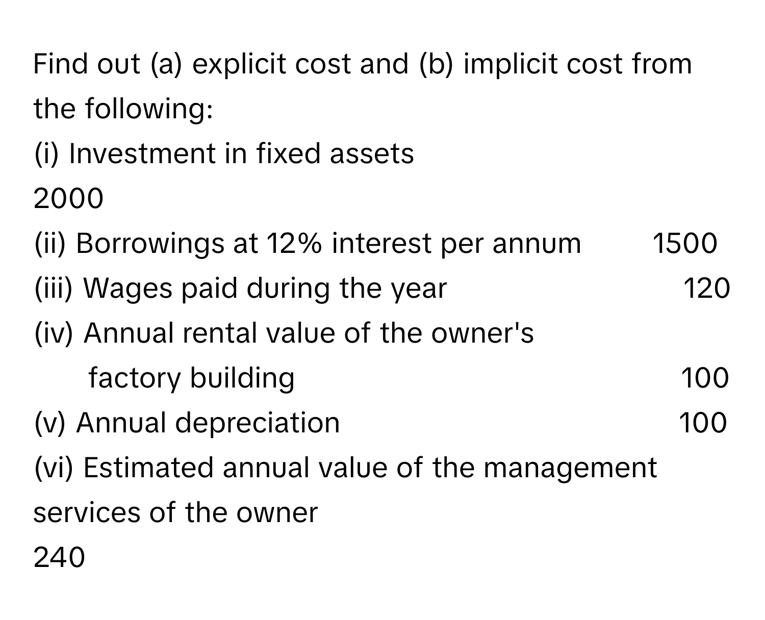 Solved: Find out (a) explicit cost and (b) implicit cost from the  following: (i) Investment in fix [Economics]