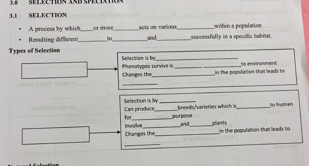 3.0 SELECTION AND SPECIATION 
3.1 SELECTION 
A process by which_ or more_ acts on various_ within a population 
Resulting different_ to_ and_ successfully in a specific habitat_ 
Types of Selection 
Selection is by_ 
_ 
_ 
Phenotypes survive is __to environment 
Changes the_ in the population that leads to 
_ 
_ 
Selection is by_ 
Can produce_ breeds/varieties which is_ to human 
for_ purpose 
Involve_ and_ plants 
Changes the_ in the population that leads to 
_