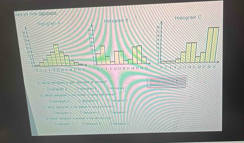 Here are three histograms.
(a) Which histogram is bost described as bimodal?
6
O Histogram A O Histogram B OHistogram C
(b) Which histogram is the closest to being bellishaped?
O Histogram A OHistogram B ○ Histogram C
(c) which histogram is the closest to being symmetric?
OHistogram A ○ Histogram B ○Histogram C
(d) Which histogram is skewed to the left the most?
O Histogram A ○ Histogram B ○ Histogram C