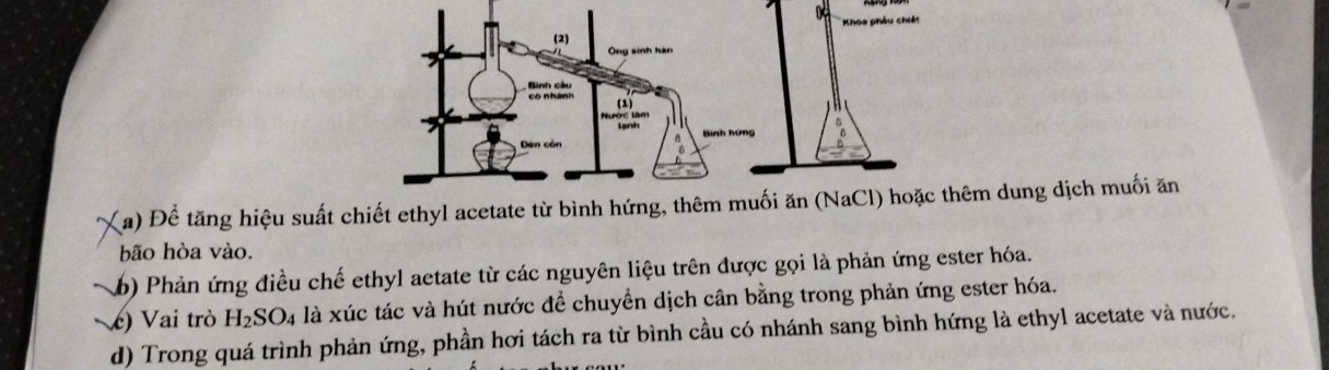 Để tăng hiệu suất chiết ethyl acetate từ b dung dịch muối ăn 
bão hòa vào. 
b) Phản ứng điều chế ethyl aetate từ các nguyên liệu trên được gọi là phản ứng ester hóa. 
c) Vai trò H_2SO_4 là xúc tác và hút nước để chuyển dịch cân bằng trong phản ứng ester hóa. 
d) Trong quá trình phản ứng, phần hơi tách ra từ bình cầu có nhánh sang bình hứng là ethyl acetate và nước.