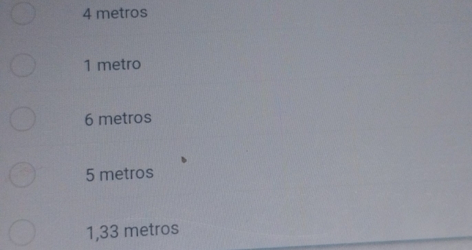 4 metros
1 metro
6 metros
5 metros
1,33 metros