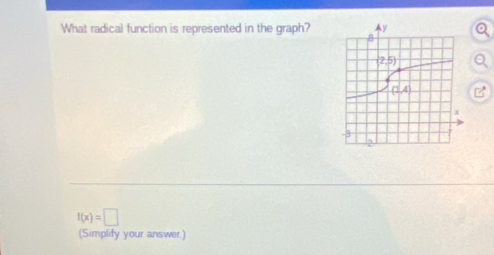 What radical function is represented in the graph?
f(x)=□
(Simplify your answer.)