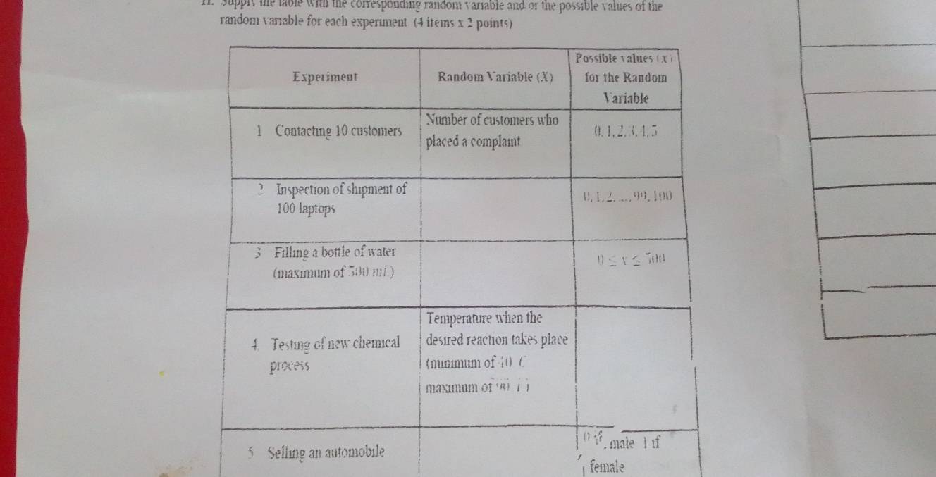 supply te table with the corresponding random variable and or the possible values of the 
random variable for each experiment. (4 items x 2 points)
5 S 
female