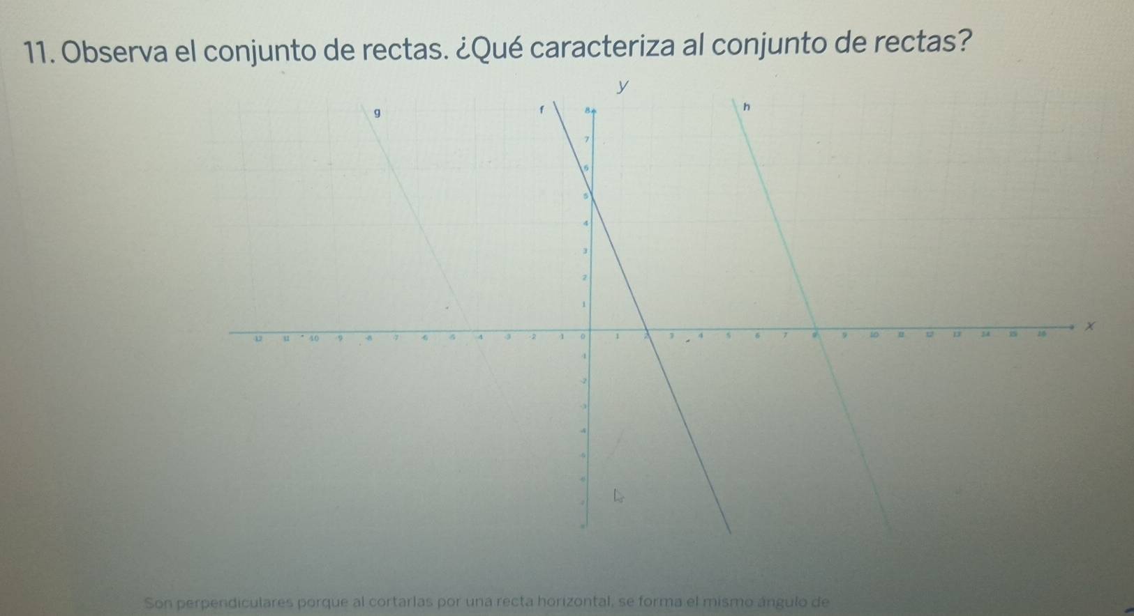 Observa el conjunto de rectas. ¿Qué caracteriza al conjunto de rectas? 
Son perpendiculares porque al cortarlas por una recta horizontal, se forma el mismo ángulo de