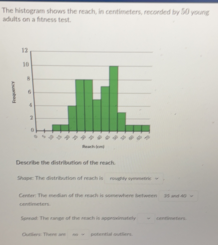 The histogram shows the reach, in centimeters, recorded by 50 young 
adults on a fitness test.
3
Reach (cm) 
Describe the distribution of the reach. 
Shape: The distribution of reach is roughly symmetric 
Center: The median of the reach is somewhere between 35 and 40
centimeters. 
Spread: The range of the reach is approximately centimeters. 
Outliers: There are no potential outliers.