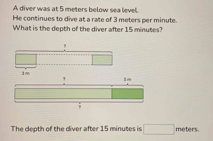 A diver was at 5 meters below sea level. 
He continues to dive at a rate of 3 meters per minute. 
What is the depth of the diver after 15 minutes? 
The depth of the diver after 15 minutes is □ meters.