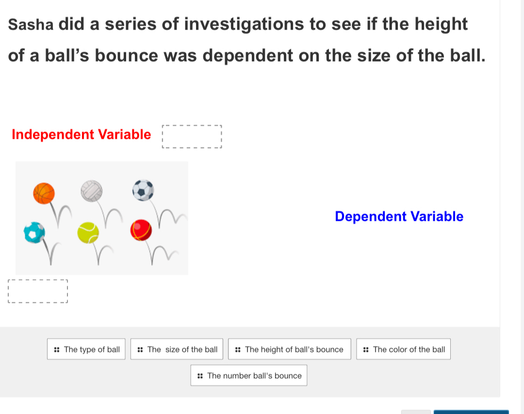 Sasha did a series of investigations to see if the height 
of a ball's bounce was dependent on the size of the ball. 
Independent Variable □ 
Dependent Variable 
□ 
:: The type of ball :: The size of the ball :: The height of ball's bounce :: The color of the ball 
:: The number ball's bounce