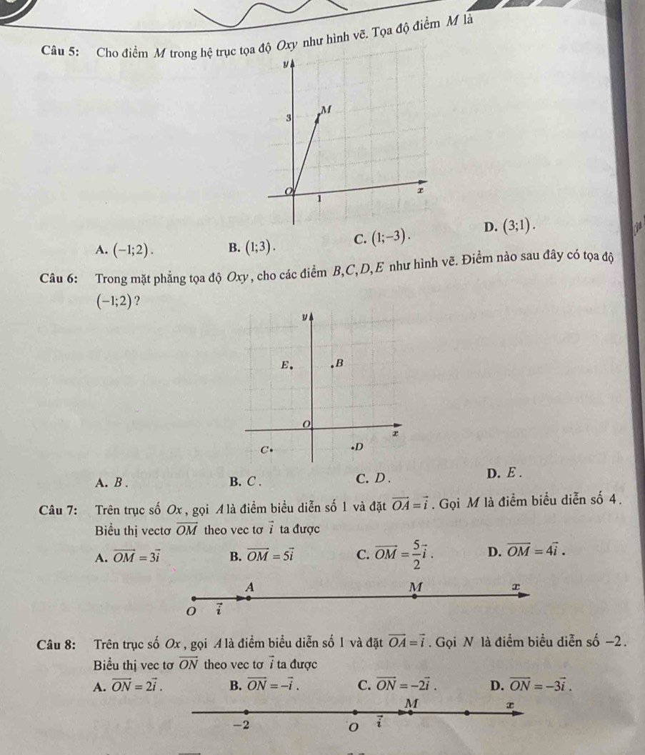 Cho điểm M trong hệ trục tọ Oxy như hình vẽ. Tọa độ điểm M là
A. (-1;2). B. (1;3).
C. (1;-3). D. (3;1). 
Câu 6: Trong mặt phẳng tọa độ Oxy, cho các điểm B, C, D,E như hình vẽ. Điểm nào sau đây có tọa độ
(-1;2) ?
A. B . B. C . C. D .
D. E .
Câu 7: Trên trục số Ox , gọi A là điểm biểu diễn số 1 và đặt vector OA=vector i. Gọi M là điểm biểu diễn số 4.
Biểu thị vectơ overline OM theo vec tơ 7 ta được
A. vector OM=3vector i B. vector OM=5vector i C. vector OM= 5/2 vector i. D. vector OM=4vector i. 
A
M
x
0
Câu 8: Trên trục số Ox , gọi A là điểm biểu diễn số 1 và đặt vector OA=vector i. Gọi N là điểm biểu diễn số −2.
Biểu thị vec tơ vector ON theo vec tơ vector i ta được
A. vector ON=2vector i. B. overline ON=-overline i. C. vector ON=-2vector i. D. overline ON=-3vector i.