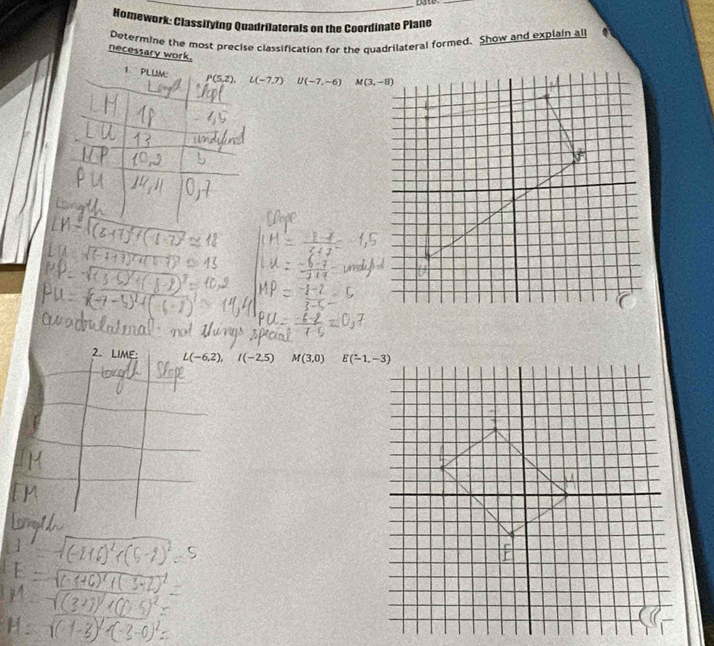 Date_
Homework: Classifying Quadriaterals on the Coordinate Plane
Determine the most precise classification for the quadrilateral formed. Show and explain all
necessary work.
1 PLUM P(5,z), L(-7,7) U(-7,-6)
2. LIME: L(-6,2),I(-2,5) M(3,0)