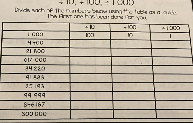 / 10, / 100, / 1000
Divide each of the numbers below using the table as a guide. 
The first one has been done for y