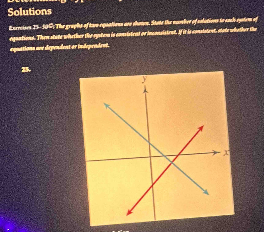 Solutions 
Exercises 25-300: The graphs of two equations are shown. State the number of solutions to each system of 
equations. Then state whether the system is consistent or inconsistent. If it is consistent, state whether the 
equations are dependent or independent. 
25.