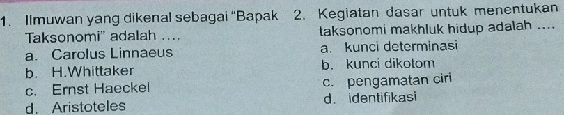 Ilmuwan yang dikenal sebagai “Bapak 2. Kegiatan dasar untuk menentukan
Taksonomi' adalah …... taksonomi makhluk hidup adalah ....
a. Carolus Linnaeus a. kunci determinasi
b. H.Whittaker b. kunci dikotom
c. Ernst Haeckel c. pengamatan ciri
d. Aristoteles d. identifikasi