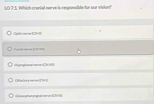 LO 7.1. Which cranial nerve is responsible for our vision?
Opticsene (ChII)
Facial cerve (CNVII)
Hypoglossal sene (CH 3I)
Olfactory sene (CN I)
Glossopharyngeal nerve (CN D)