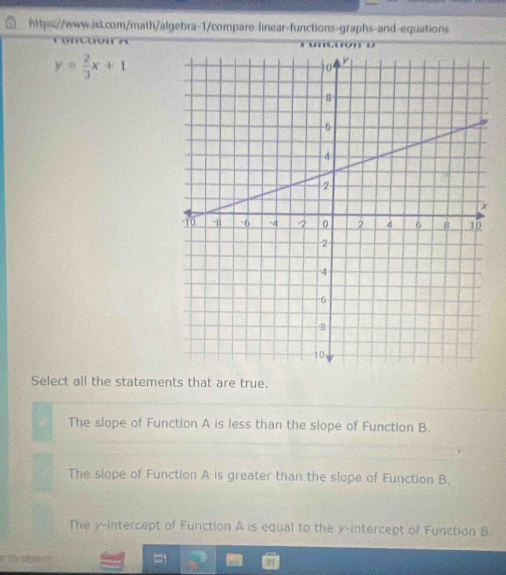 y= 2/3 x+1
Select all the statements that are true.
The slope of Function A is less than the slope of Function B.
The slope of Function A is greater than the slope of Function B.
The y-intercept of Function A is equal to the y-intercept of Function B
So se a