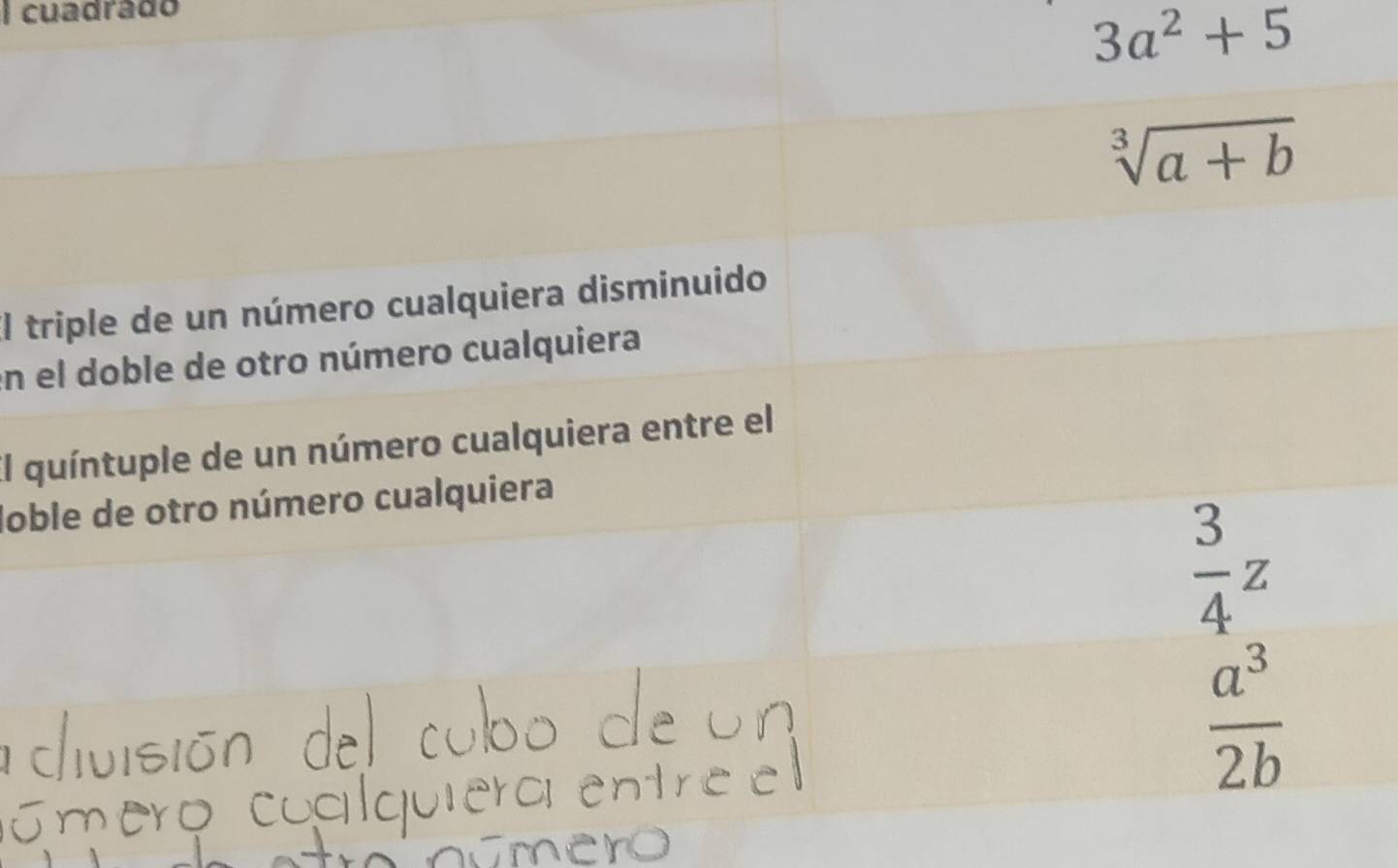 cuadrádo
3a^2+5
sqrt[3](a+b)
El triple de un número cualquiera disminuido 
en el doble de otro número cualquiera 
El quíntuple de un número cualquiera entre el 
loble de otro número cualquiera
 3/4 z
 a^3/2b 