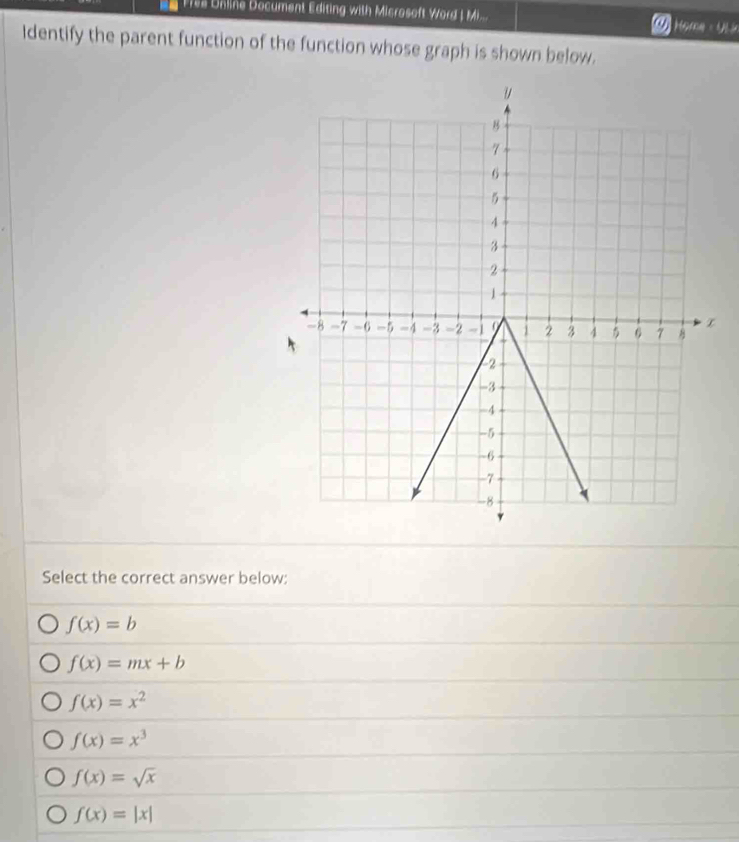 Ties Unline Document Editing with Microsoft Word I M... ome : N à
Identify the parent function of the function whose graph is shown below.
Select the correct answer below:
f(x)=b
f(x)=mx+b
f(x)=x^2
f(x)=x^3
f(x)=sqrt(x)
f(x)=|x|