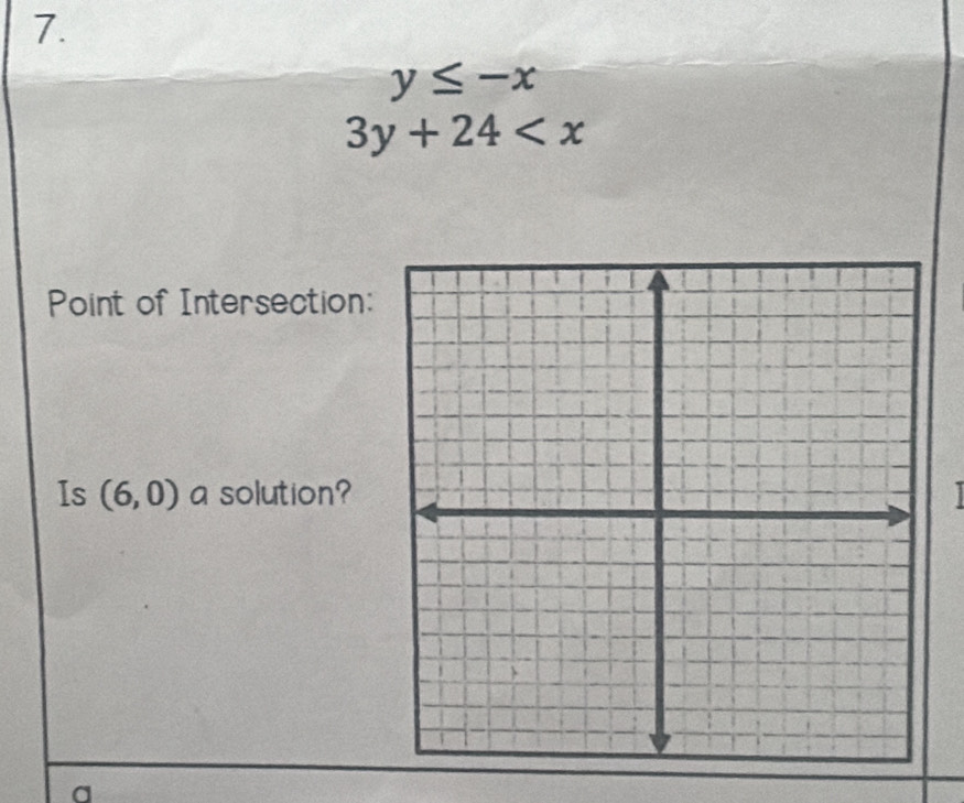 y≤ -x
3y+24
Point of Intersection: 
Is (6,0) a solution? 
a