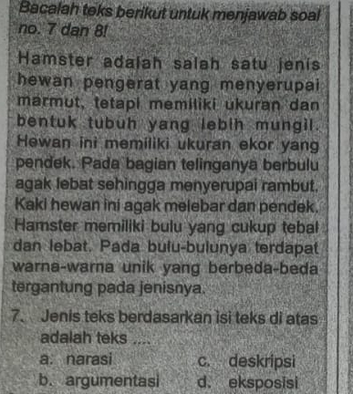 Bacalah teks berikut untuk menjawab soal
no. 7 dan 8!
Hamster adalah salah satu jenis
hewan pengerat yang menyerupai
marmut, tetapi memiliki ukuran dan
bentuk tubuh yang lebih mungil.
Hewan ini memiliki ukuran ekor yang
pendek. Pada bagian telinganya berbulu
agak lebat sehingga menyerupai rambut.
Kaki hewan ini agak melebar dan pendek.
Hamster memiliki bulu yang cukup tebal
dan lebat. Pada bulu-bulunya terdapat
warna-warna unik yang berbeda-beda
tergantung pada jenisnya.
7. Jenis teks berdasarkan isi teks di atas
adalah teks ....
a. narasi c. deskripsi
b. argumentasi d. eksposisi