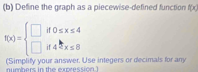 Define the graph as a piecewise-defined function f(x)
f(x)=beginarrayl □ if0≤ x≤ 4 □ if4≤ x≤ 8endarray.
(Simplify your answer. Use integers or decimals for any 
numbers in the expression.)