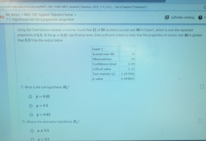 Solved: ks My library > MAT 240: Applied Statistics home > zyBlooks ...