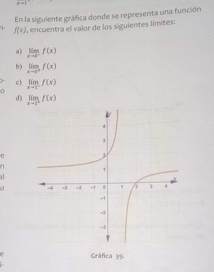 x- 
En la siguiente gráfica donde se representa una función 
n- f(x) , encuentra el valor de los siguientes límites: 
a) limlimits _xto 0^-f(x)
b) limlimits _xto 0^+f(x)
c) limlimits _xto 1^-f(x)
d) limlimits _xto 1^+f(x)
e 
n 
al 
a 
e Gráfica 39. 
[-