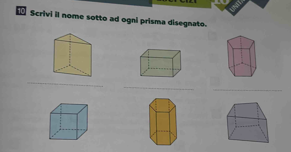 UNITA 
1 Scrivi il nome sotto ad ogni prisma disegnato. 
_ 
_ 
_