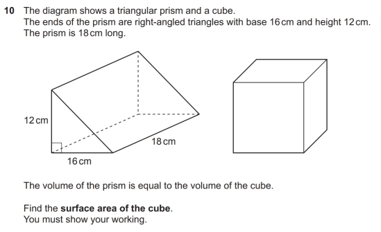 The diagram shows a triangular prism and a cube. The ends of the prism ...