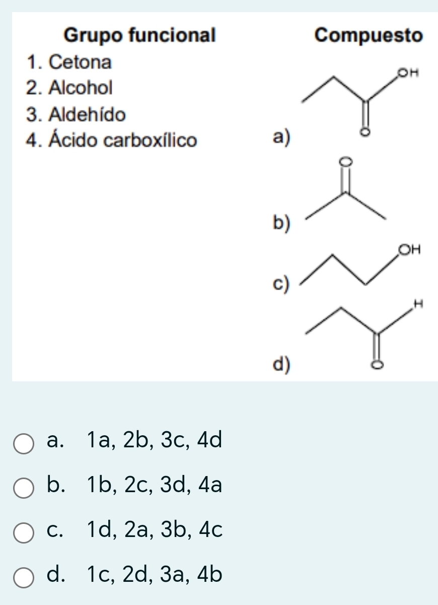 Grupo funcional Compuesto
1. Cetona
2. Alcohol
3. Aldehído
4. Ácido carboxílico
a)
b)
c
d)
a. 1a, 2b, 3c, 4d
b. 1b, 2c, 3d, 4a
c. 1d, 2a, 3b, 4c
d. 1c, 2d, 3a, 4b