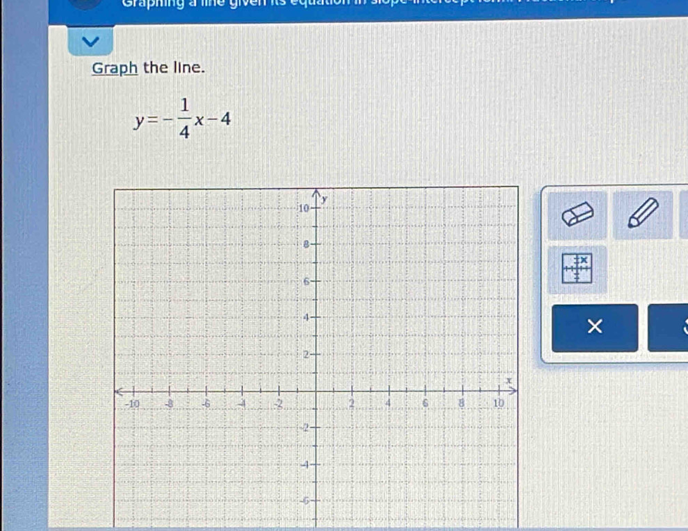 Graphing a line 
Graph the line.
y=- 1/4 x-4
×