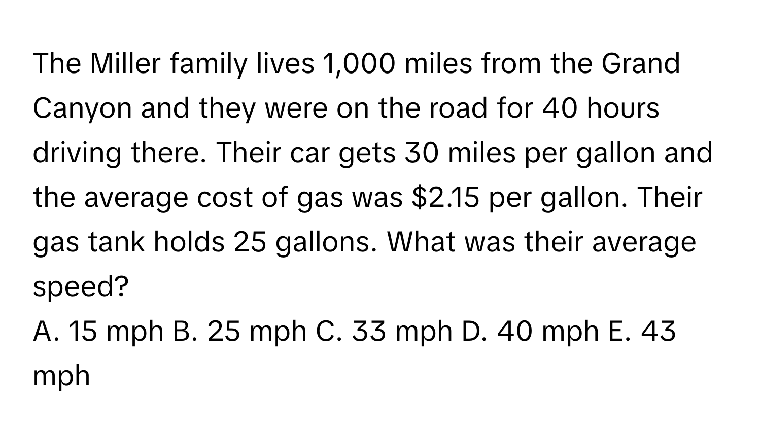 The Miller family lives 1,000 miles from the Grand Canyon and they were on the road for 40 hours driving there. Their car gets 30 miles per gallon and the average cost of gas was $2.15 per gallon. Their gas tank holds 25 gallons. What was their average speed?

A. 15 mph B. 25 mph C. 33 mph D. 40 mph E. 43 mph