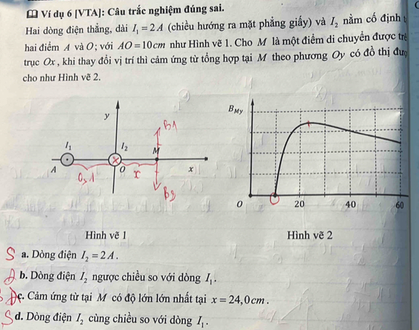 [ Ví dụ 6 [VTA]: Câu trắc nghiệm đúng sai.
Hai dòng điện thắng, dài I_1=2A (chiều hướng ra mặt phẳng giấy) và I_2 nằm cố định t
hai điểm A và O; với AO=10cm như Hình vẽ 1. Cho M là một điểm di chuyển được trẻ
trục Ox , khi thay đồi vị trí thì cảm ứng từ tổng hợp tại M theo phương Oy có đồ thị đượ
cho như Hình vẽ 2.
Hình vẽ 1 Hình vẽ 2
a. Dòng điện I_2=2A.
b. Dòng điện I_2 ngược chiều so với dòng I_1.
c. Cảm ứng từ tại M có độ lớn lớn nhất tại x=24,0cm.
d. Dòng điện I_2 cùng chiều so với dòng I_1.