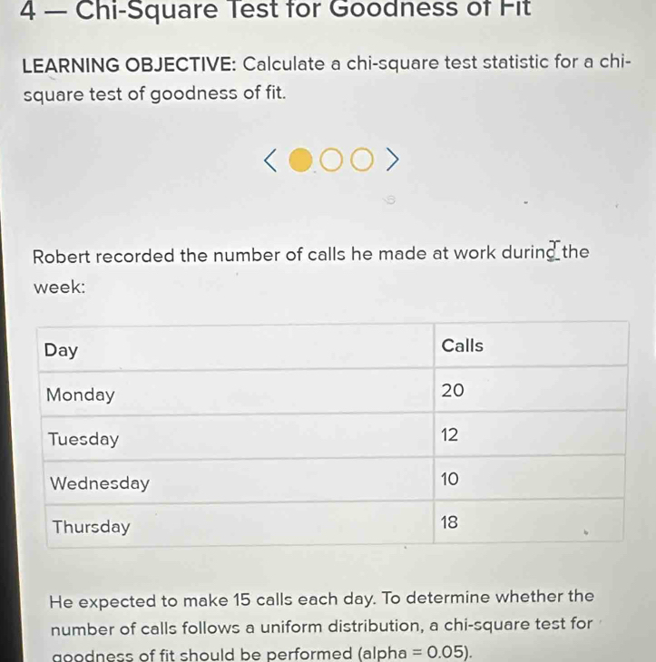 4 — Chi-Square Test for Goodness of Fit 
LEARNING OBJECTIVE: Calculate a chi-square test statistic for a chi- 
square test of goodness of fit. 
Robert recorded the number of calls he made at work during the
week : 
He expected to make 15 calls each day. To determine whether the 
number of calls follows a uniform distribution, a chi-square test for 
goodness of fit should be performed (alpha =0.05).