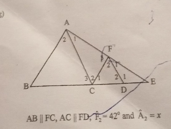 ABparallel FC, ACparallel FD, widehat F_2=42° and hat A_2=x