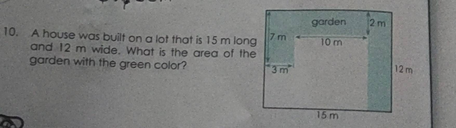 A house was built on a lot that is 15 m long 
and 12 m wide. What is the area of the 
garden with the green color?