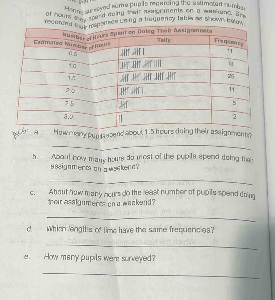 that 
Hanna surveyed some pupils regarding the estimated number 
of hours they spend doing their assignments on a weekend. She 
re using a frequency table as shown be 
any pupils spendents? 
_ 
b. About how many hours do most of the pupils spend doing their 
assignments on a weekend? 
_ 
C. About how many hours do the least number of pupils spend doing 
their assignments on a weekend? 
_ 
d. Which lengths of time have the same frequencies? 
_ 
e. How many pupils were surveyed? 
_