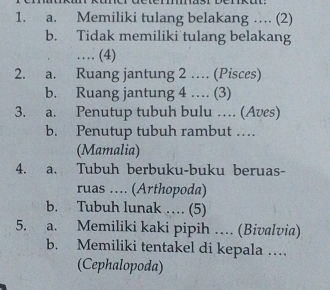 Memiliki tulang belakang … (2) 
b. Tidak memiliki tulang belakang 
… (4) 
2. a. Ruang jantung 2 … (Pisces) 
b. Ruang jantung 4 … (3) 
3. a. Penutup tubuh bulu … (Aves) 
b. Penutup tubuh rambut … 
(Mamalia) 
4. a. Tubuh berbuku-buku beruas- 
ruas …. (Arthopoda) 
b. Tubuh lunak … (5) 
5. a. Memiliki kaki pipih … (Bivalvia) 
b. Memiliki tentakel di kepala … 
(Cephalopoda)