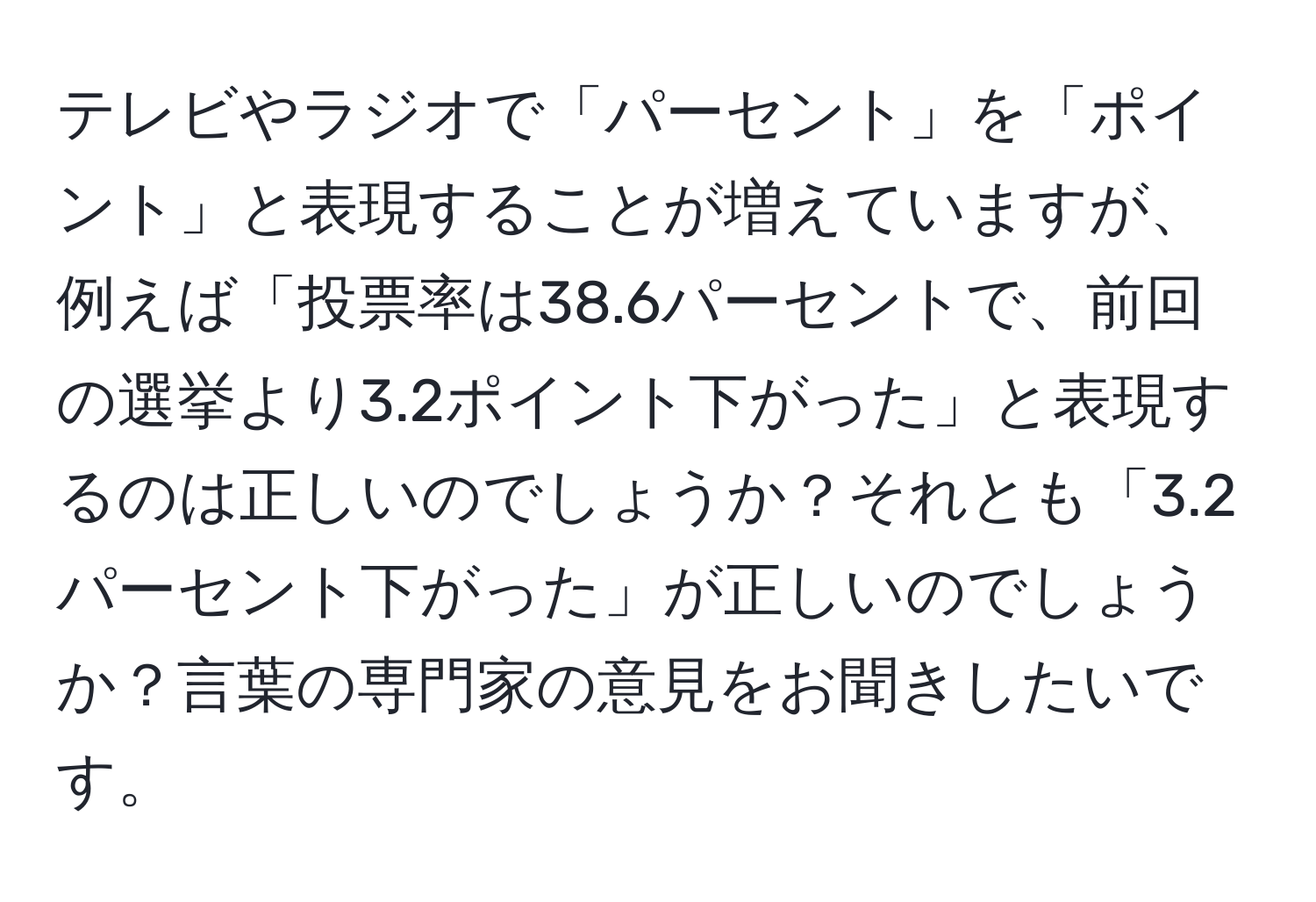 テレビやラジオで「パーセント」を「ポイント」と表現することが増えていますが、例えば「投票率は38.6パーセントで、前回の選挙より3.2ポイント下がった」と表現するのは正しいのでしょうか？それとも「3.2パーセント下がった」が正しいのでしょうか？言葉の専門家の意見をお聞きしたいです。