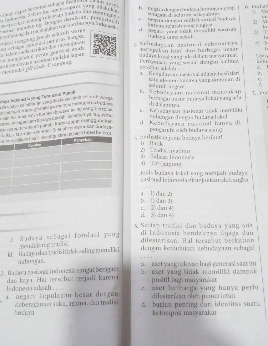 erintah dapat berperan sebagai fasintator dalam upaya b. negara dengan budaya homogen yang 6. Perhat
a Indonesia. Selain itu, upaya-upaya yang dilakukan 1) Me
masyarakat tentang kekayaan budaya dan pentingnya
seragam di seluruh wilayahnya
bu
merasi mendatang. Dengan demikian, pemerintah
c. negara dengan sedikit variasi budaya 2) M
karena sejarah yang singkat
mendukung dan memajukan warisan budaya Indonesia.
ke
enjadi tanggung jawab seluruh warga
d. negara yang tidak memiliki warisan 3) T
mu sebagai generasi penerus bangsa.
budaya sama sekali b
a dalam melestarikan dan memajukan
3. Kebudayaan nasional sebenarnya 4) M
bat mengetahui peran generasi muda
merupakan hasil dari berbagai unsur b
an kebudayaan nasional melalui laman
budaya lokal yang ada dalam masyarakat. Upay
memindai QR Code di samping.
Pernyataan yang sesuai dengan kalimat kelu
tersebut adalah . . .
_a. Kebudayaan nasional adalah hasil dari a. 1
b.
satu elemen budaya yang dominan di
seluruh negara.
d.
b. Kebudayaan nasional mencakup 7. Per
_ada upaya pelestarian yang dilakukan oleh seluruh warga c.
daya Indonesia yang Terancam Punah
berbagai unsur budaya lokal yang ada
kiri pengaruh arus globalisasi mampu menggerus budaya
di dalamnya.
elain itu, masuknya budaya-budaya asing yang bertolak c. Kebudayaan nasional tidak memiliki
ampu mengancam budaya daerah. Selanjutnya, tugasmu
hubungan dengan budaya lokal.
esia yang terancam punah. Kamu dapat menggunakan d. Kebudayaan nasional hanya di-
bau media internet. Setelah menemukan budaya-
at seperti tabel berikut.
pengaruhi oleh budaya asing.
4. Perhatikan jenis budaya berikut!
1) Batik
2) Tradisi nyadran
3) Bahasa Indonesia
4) Tari jaipong
Jenis budaya lokal yang menjadi budaya
nasional Indonesia ditunjukkan oleh angka
a. 1) dan 2)
b. 1) dan 3)
c. 2) dan 4)
d. 3) dan 4)
5. Setiap tradisi dan budaya yang ada
c. Budaya sebagai fondasi yang di Indonesia hendaknya dijaga dan
mendukung tradisi.
dilestarikan. Hal tersebut berkaitan
Id. Budaya dan tradisi tidak saling memiliki dengan kedudukan kebudayaan sebagai
hubungan.
a. aset yang relevan bagi generasi saat ini
2. Budaya nasional Indonesia sangat beragam b. aset yang tidak memiliki dampak
dan kaya. Hal tersebut terjadi karena positif bagi masyarakat
Indonesia adalah . . . . c. aset berharga yang hanya perlu
a. negara kepulauan besar dengan dilestarikan oleh pemerintah
keberagaman suku, agama, dan tradisi d. bagian penting dari identitas suatu
budaya kelompok masyarakat