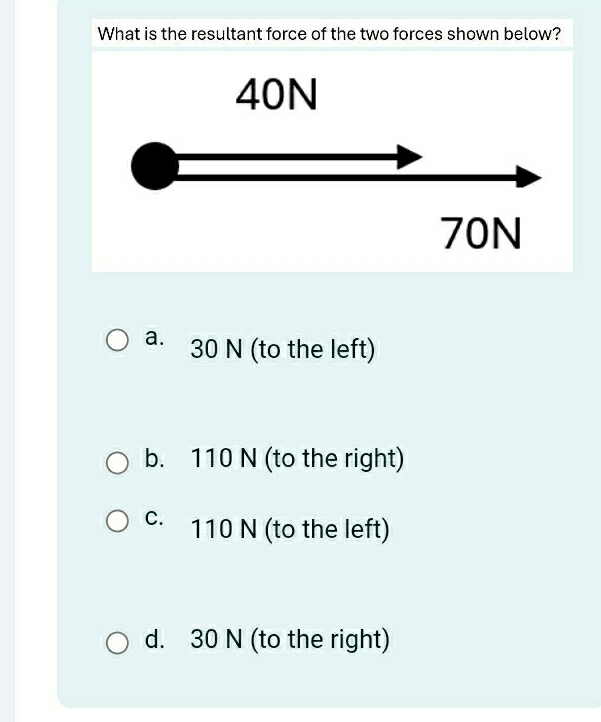 What is the resultant force of the two forces shown below?
a. 30 N (to the left)
b. 110 N (to the right)
C. 110 N (to the left)
d. 30 N (to the right)