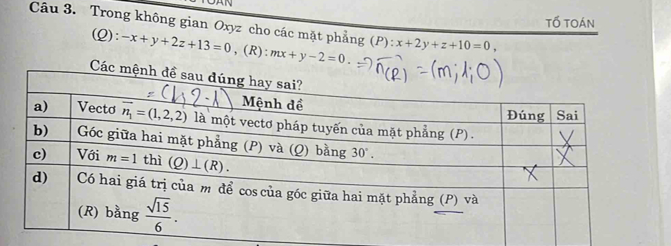 tổ toán
Câu 3. Trong không gian Oxyz cho các mặt phẳng (P): x+2y+z+10=0,
(Q): -x+y+2z+13=0 . (R): mx+y-2=0.