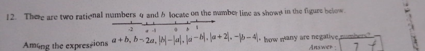 There are two rational numbers 4 and 6 locate on the number line as shown in the figure below.
Amgng the expressions a+b,b-2a,|b|-|a|,|a-b|,|a+2|,-|b-4| , how m^(tan y) are negative numbers?
Answer :