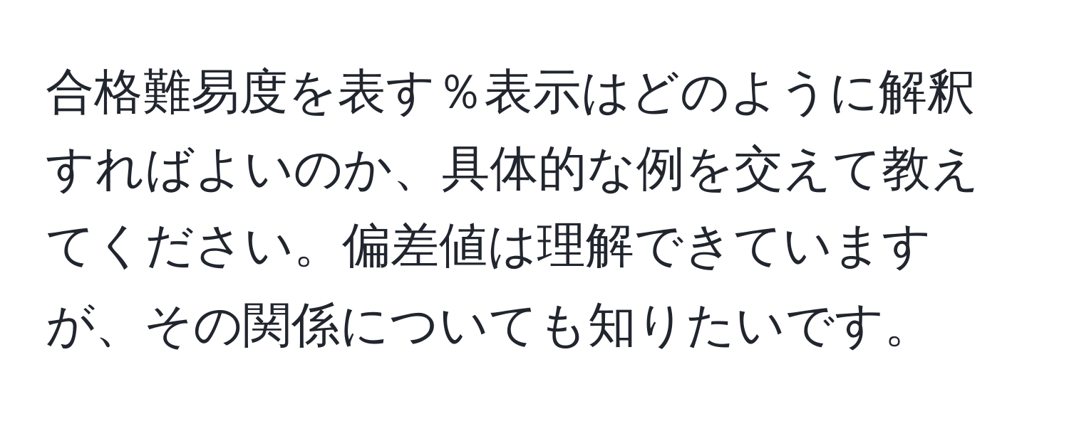 合格難易度を表す％表示はどのように解釈すればよいのか、具体的な例を交えて教えてください。偏差値は理解できていますが、その関係についても知りたいです。