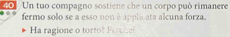 Un tuo compagno sostiene che un corpo può rimanere 
fermo solo se a esso non è applicata alcuna forza. 
Ha ragione o torto? Parcer