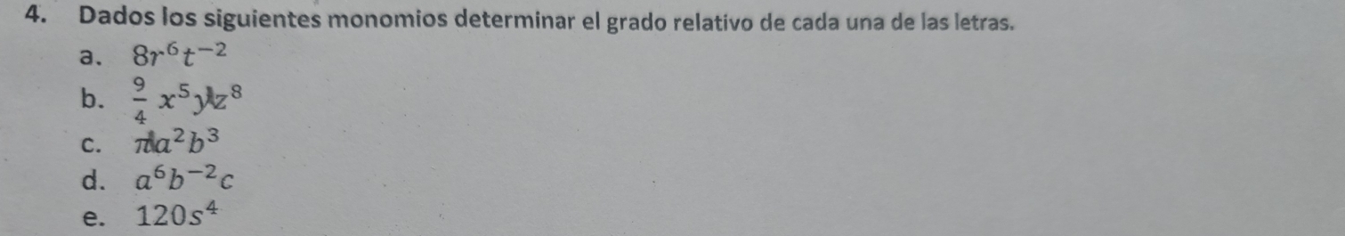 Dados los siguientes monomios determinar el grado relativo de cada una de las letras. 
a. 8r^6t^(-2)
b.  9/4 x^5y^8z^8
C. π a^2b^3
d. a^6b^(-2)c
e. 120s^4