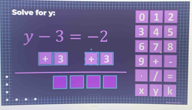 Solve for y :
beginarrayr y-3=-2 hline 818B18 hline □ □ □ □ endarray