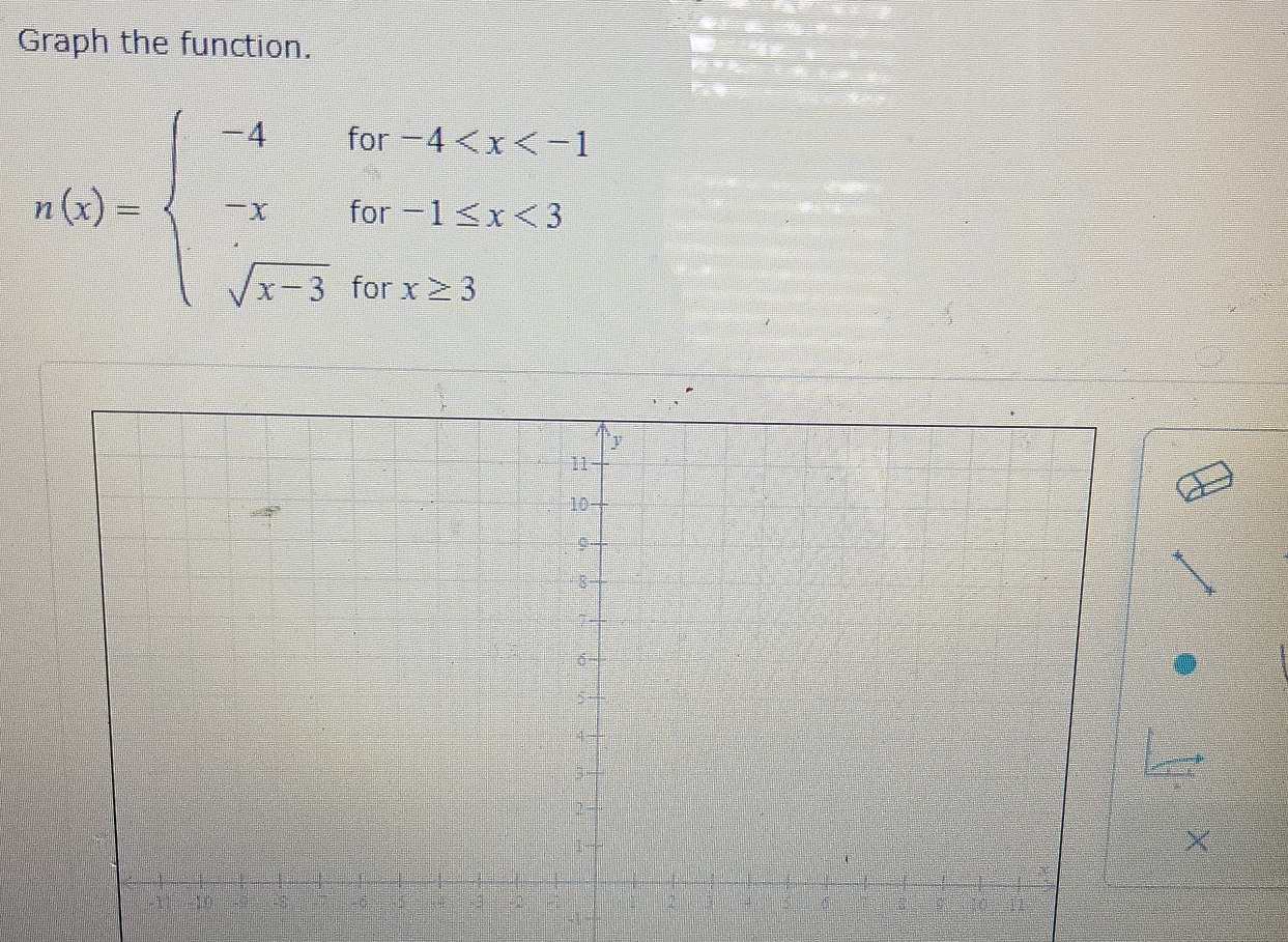 Graph the function.
n(x)=beginarrayl -4for-4 <3 sqrt(x-3)forx≥ 3endarray.