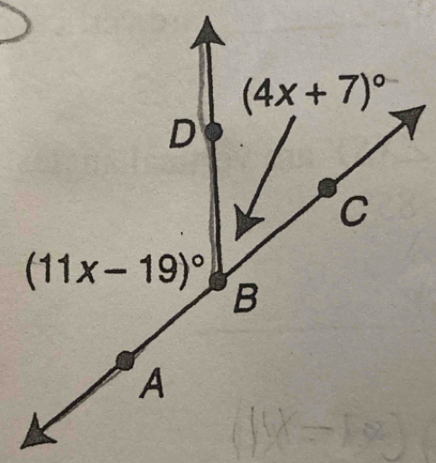 (4x+7)^circ 
D
C
(11x-19)^circ 
B
A