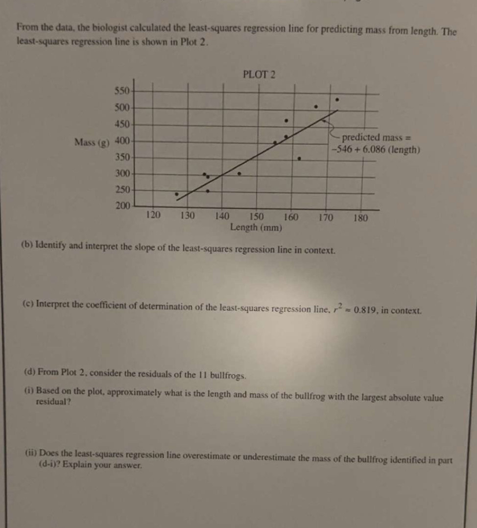 From the data, the biologist calculated the least-squares regression line for predicting mass from length. The
least-squares regression line is shown in Plot 2.
(b) Identify and interpret the slope of the least-squares regression line in context.
(c) Interpret the coefficient of determination of the least-squares regression line. r^2approx 0.819 , in context.
(d) From Plot 2, consider the residuals of the 11 bullfrogs.
(i) Based on the plot, approximately what is the length and mass of the bullfrog with the largest absolute value
residual?
(ii) Does the least-squares regression line overestimate or underestimate the mass of the bullfrog identified in part
(d-i)? Explain your answer.