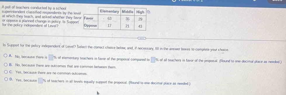 A poll of teachers conducted by a school
superintendent classified respondents by the lev
at which they teach, and asked whether they fav
or oppose a planned change in policy. Is Suppor
for the policy independent of Level? 
Is Support for the policy independent of Level? Select the correct choice below, and, if necessary, fill in the answer boxes to complete your choice.
A. No, because there is □° % of elementary teachers in favor of the proposal compared to □ % of all teachers in favor of the proposal. (Round to one decimal place as needed.)
B. No, because there are outcomes that are common between them.
C. Yes, because there are no common outcomes.
D. Yes, because □ % of teachers in all levels equally support the proposal. (Round to one decimal place as needed.)